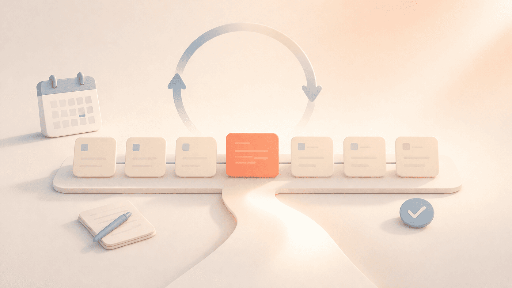 Minimalistische 3D-Illustration eines strukturierten Wochenüberblicks mit einer zentral hervorgehobenen korallfarbenen Karte, umgeben von mehreren hellen Aufgabenkarten in einer geordneten Timeline. Darüber zeigt ein gebogener Pfeil einen Review-Zyklus, ergänzt durch ein Kalender-Icon und ein Häkchen-Symbol, die Planung und Abschluss darstellen, auf einem warmen cremefarbenen Hintergrund mit weichen Schatten.