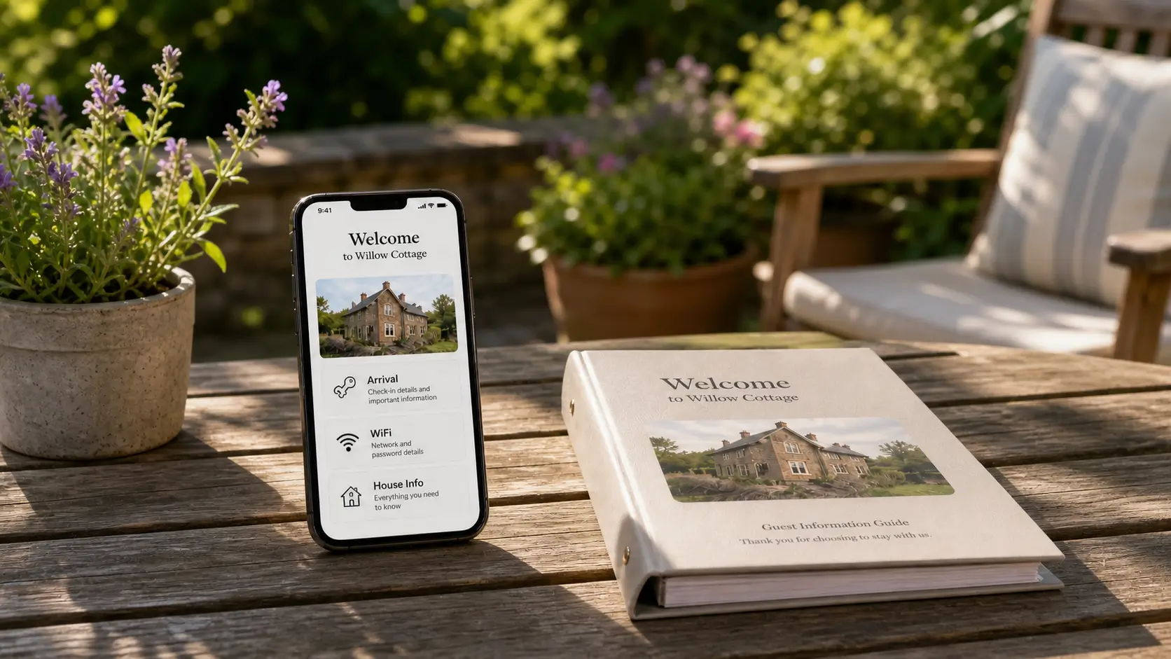 Phone showing an Airbnb digital guidebook home screen beside a closed printed binder.