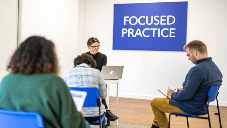 A woman presents to two students in a classroom with a "FOCUSED PRACTICE" sign on the wall.