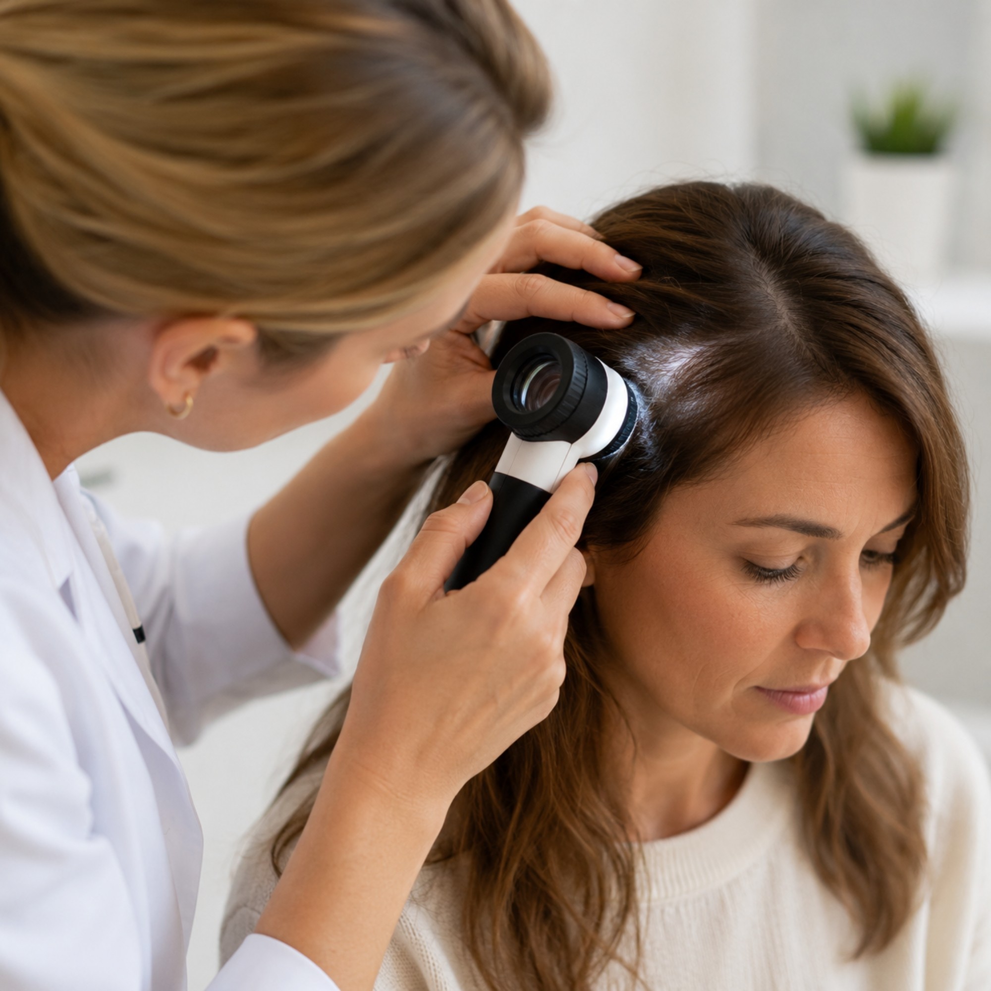 Specialist onderzoekt de hoofdhuid van een patiënt met een dermatoscoop tijdens een medisch haarconsult.