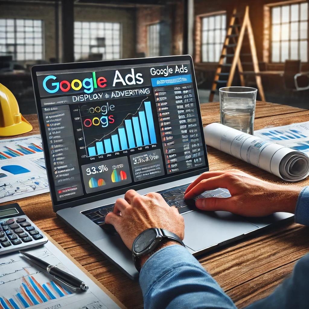 Entrepreneur du BTP analysant les résultats d'une campagne publicitaire Display et Search sur Google Ads.