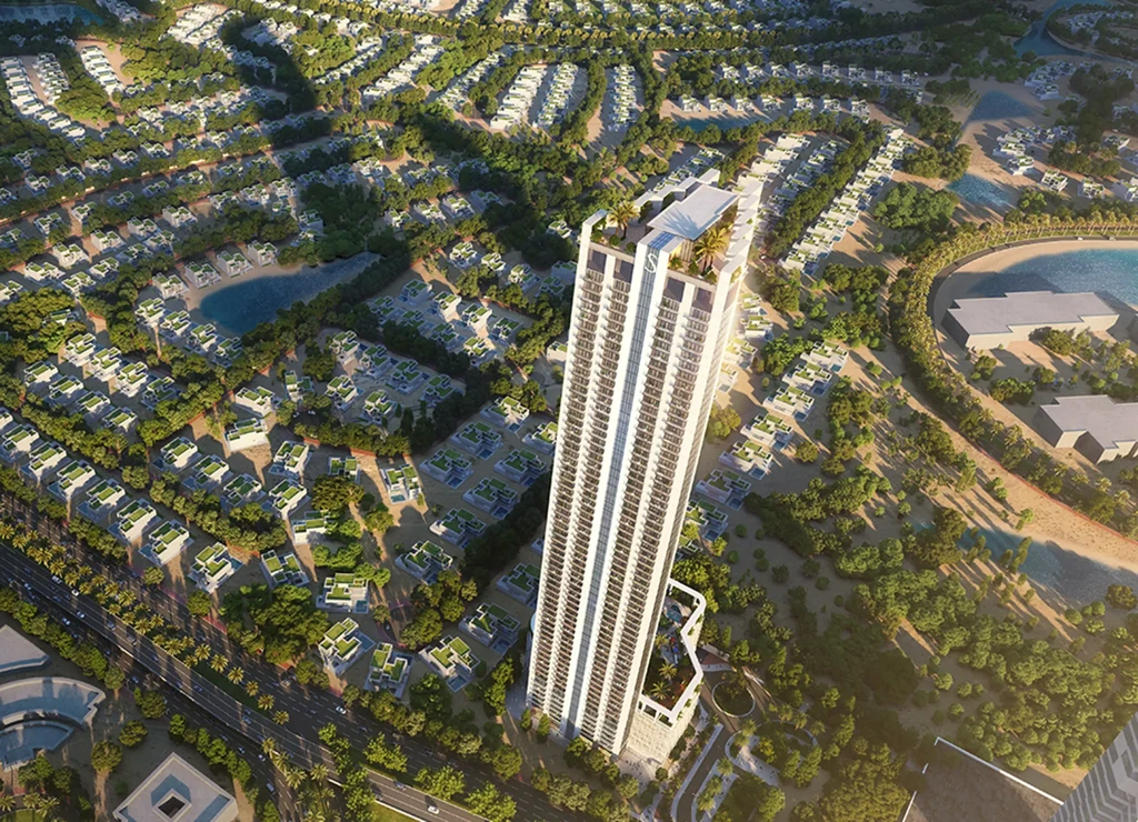Sobha Verde, the tallest residential tower in Dubai, showcases modern architecture against a clear blue sky.