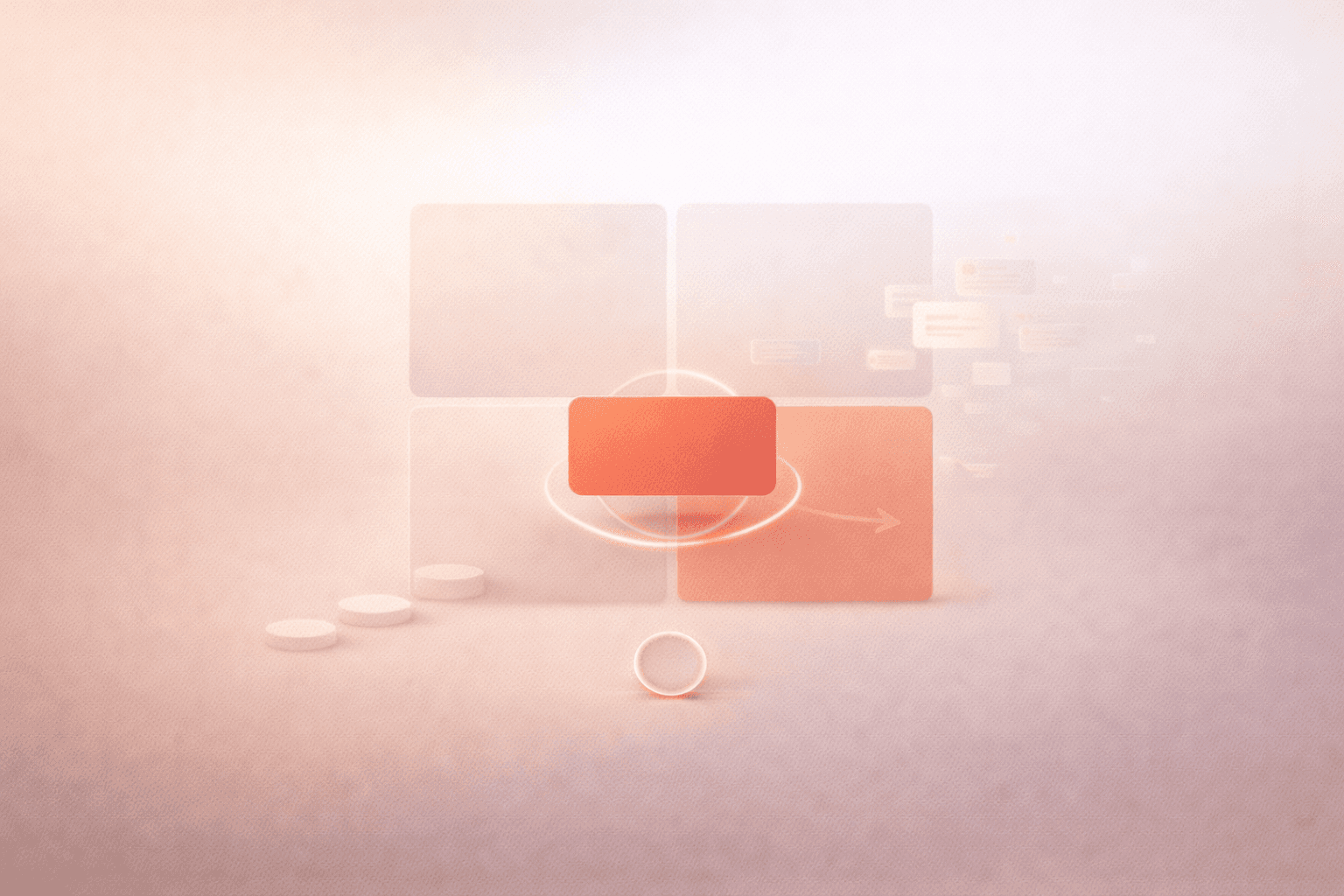 Minimalistische 3D-Illustration auf warmem cremebeigem Hintergrund mit einem schwebenden Vier-Felder-Raster, einem korallorangenen Aufgabenfeld im hervorgehobenen Quadranten, dezenten Benachrichtigungselementen in einem anderen Bereich und einem kleinen Timer-Ring unten als Symbol für geplante Fokuszeit.