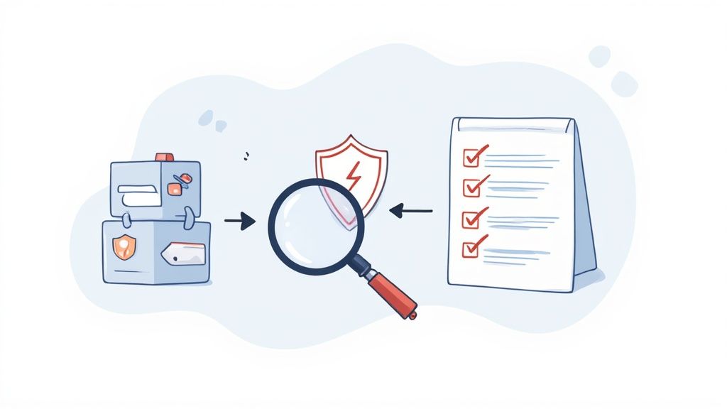 A checklist on a digital tablet with financial charts in the background, symbolizing evaluation.