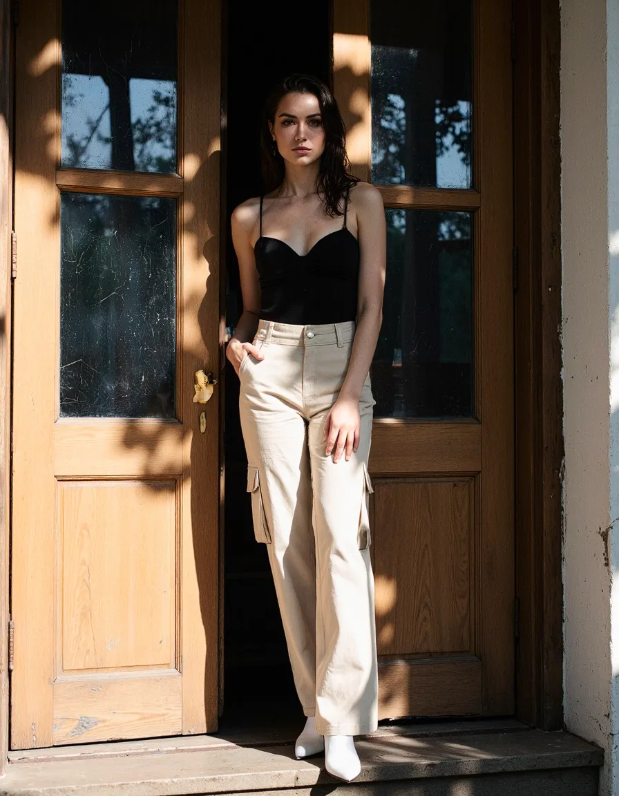 Woman in black bustier and beige cargo pants standing in doorway with natural sunlight creating shadow patterns