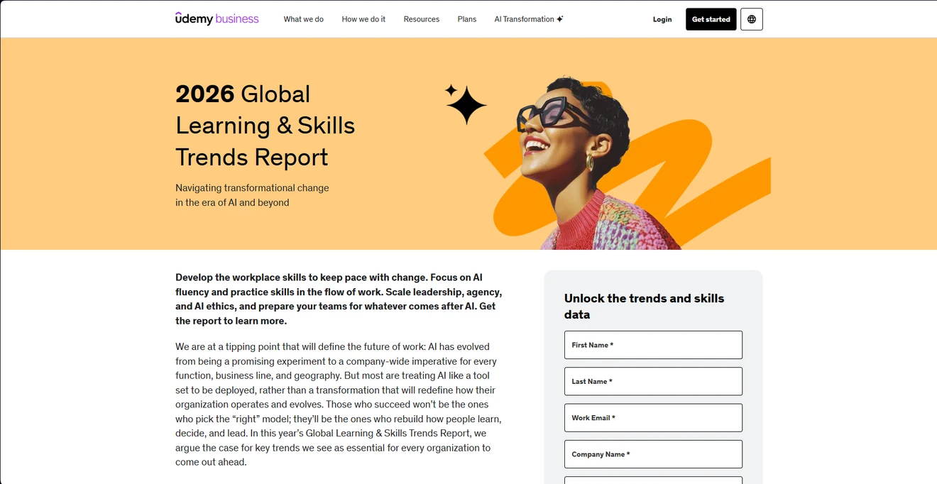 Udemy Business landing page for the 2026 Global Learning & Skills Trends Report with a business lead form