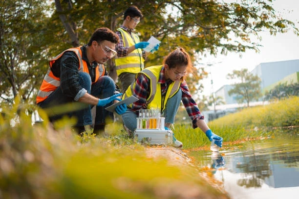 High school students in STEM-focused RISE Research summer programs engaged in environmental fieldwork collecting water samples near a natural water body.