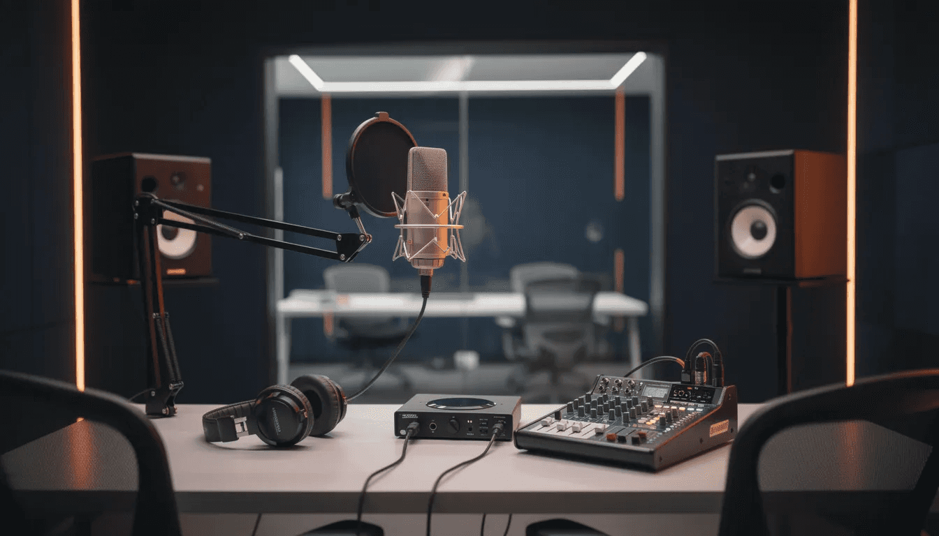 L'image montre un bureau moderne équipé d'outils professionnels d'enregistrement audio, tels que des microphones et des dispositifs de monitoring sonore, dans des teintes de bleu nuit profond et d'orange vif. Cet environnement de travail met en lumière l'importance des ressources nécessaires à la production audiovisuelle, essentielle pour la communication et le marketing liés à la marque employeur.