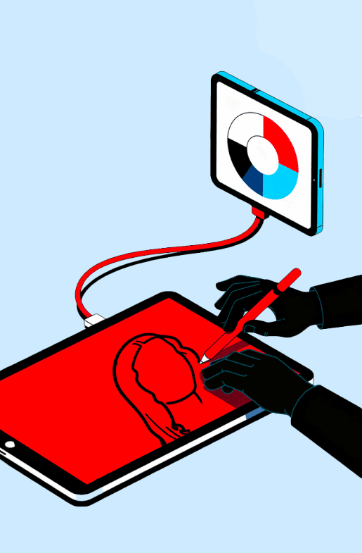 Illustration of graphic designer drawing a image on tablet