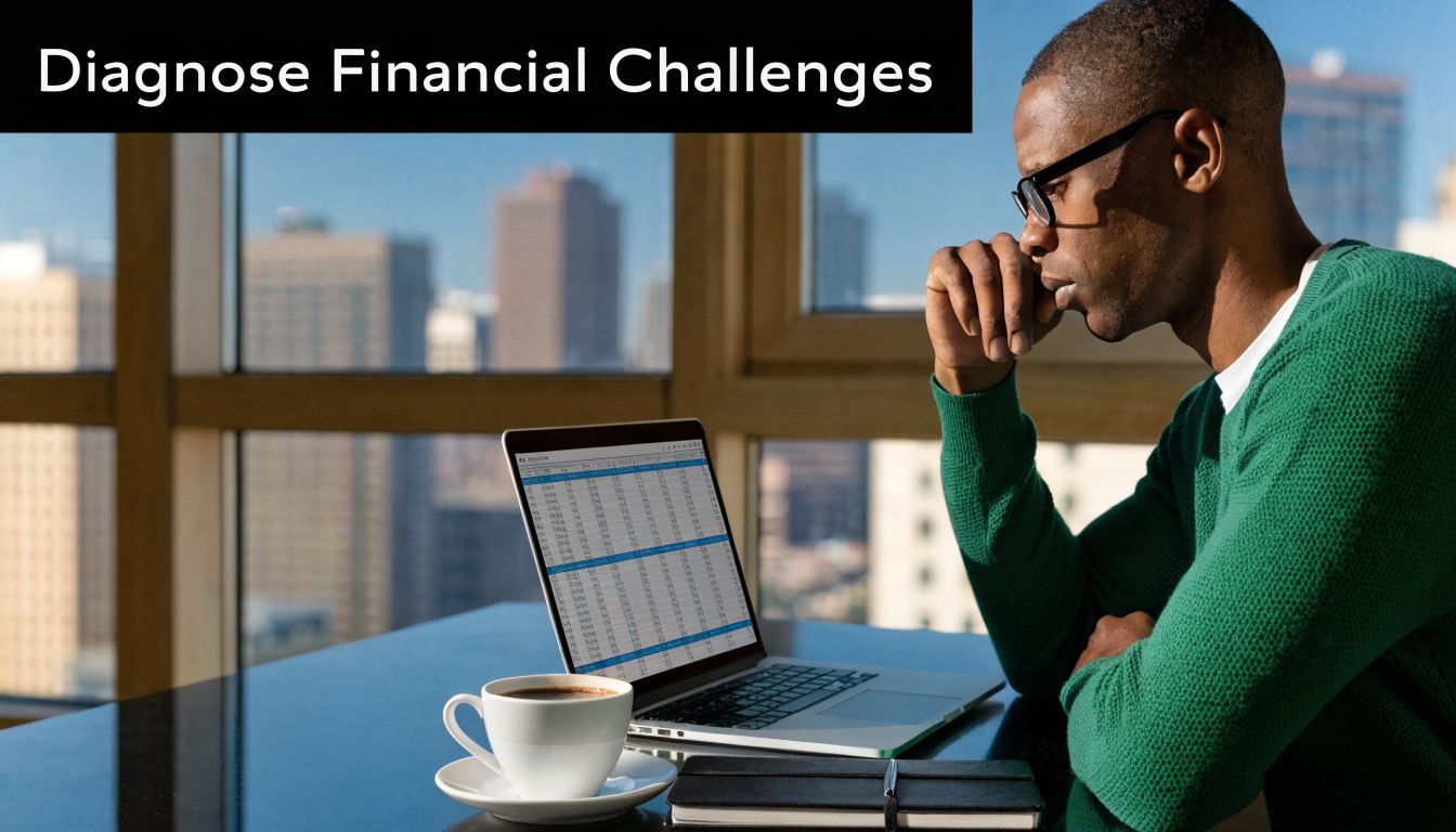 A professional man in a green sweater reviewing financial data on a laptop while working in office.