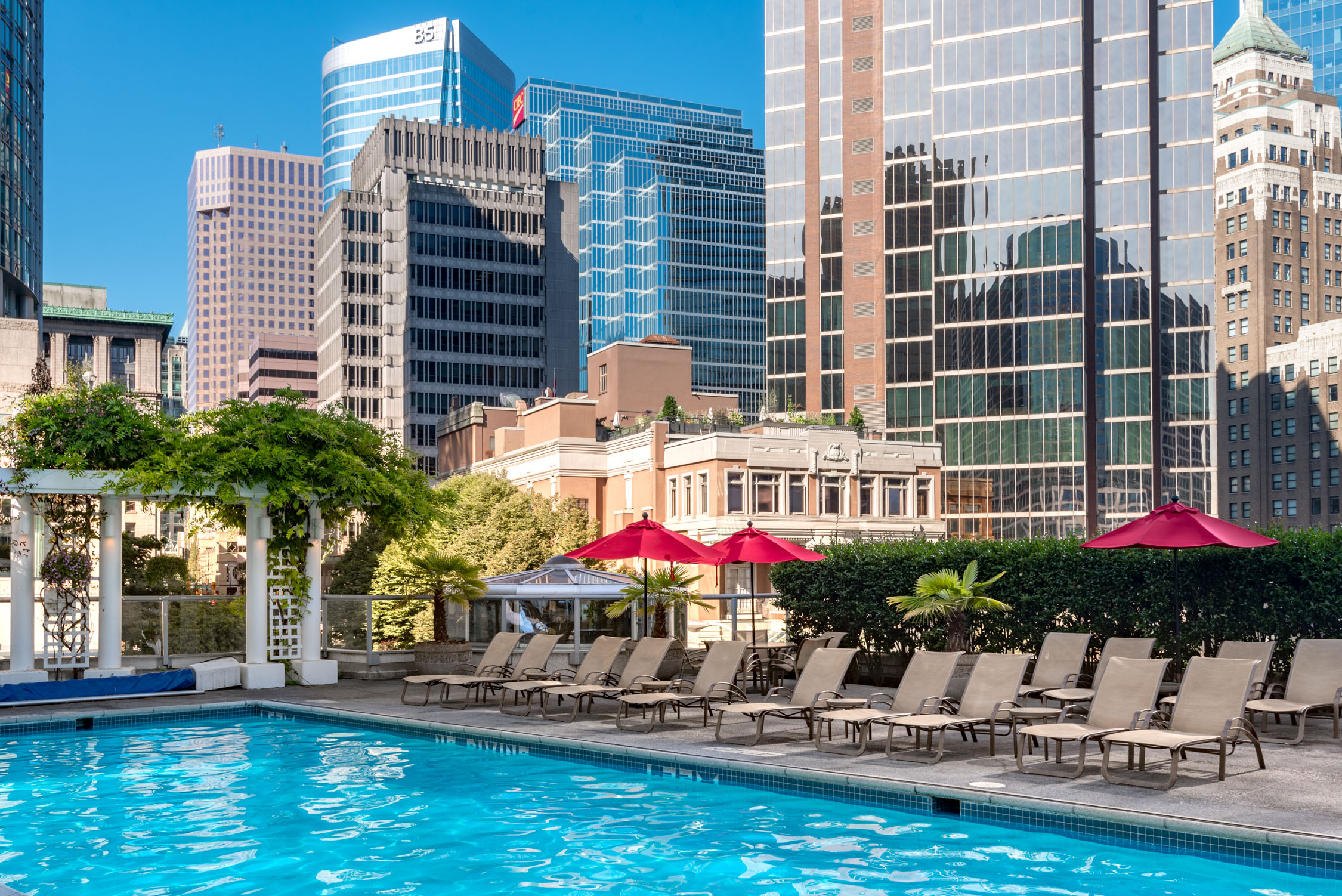 A rooftop swimming pool with lounge chairs and red umbrellas overlooks a city skyline under a clear blue sky.
