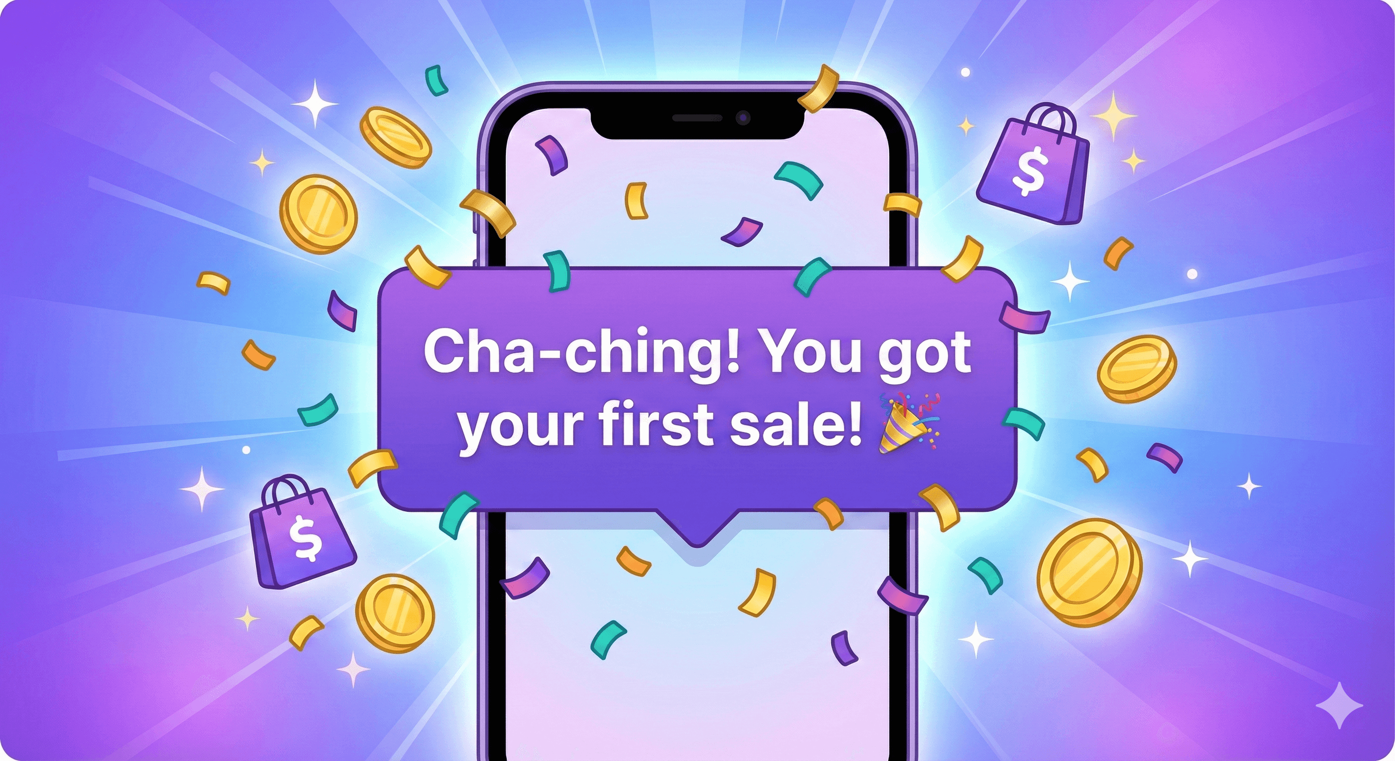 A bright, celebratory illustration of a smartphone screen. A purple notification bubble reads "Cha-ching! You got your first sale! 🎉" and is surrounded by a burst of colorful confetti, floating coins, and shopping bag icons.