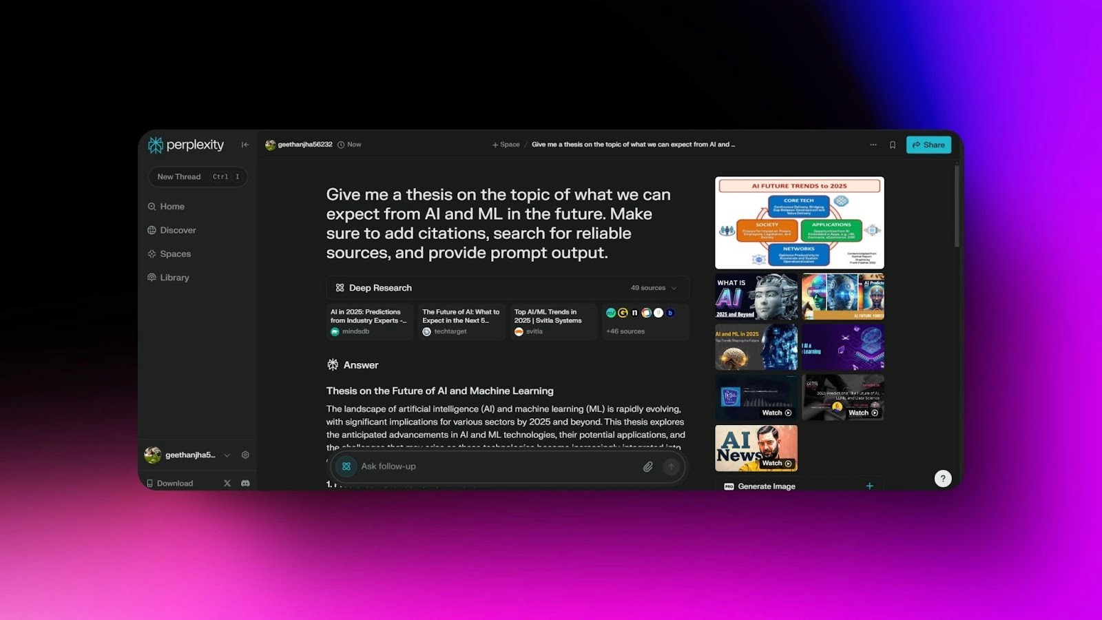 Screenshot of Perplexity AI generating a thesis on AI and ML future trends, citing 49 sources with deep research and prompt output.