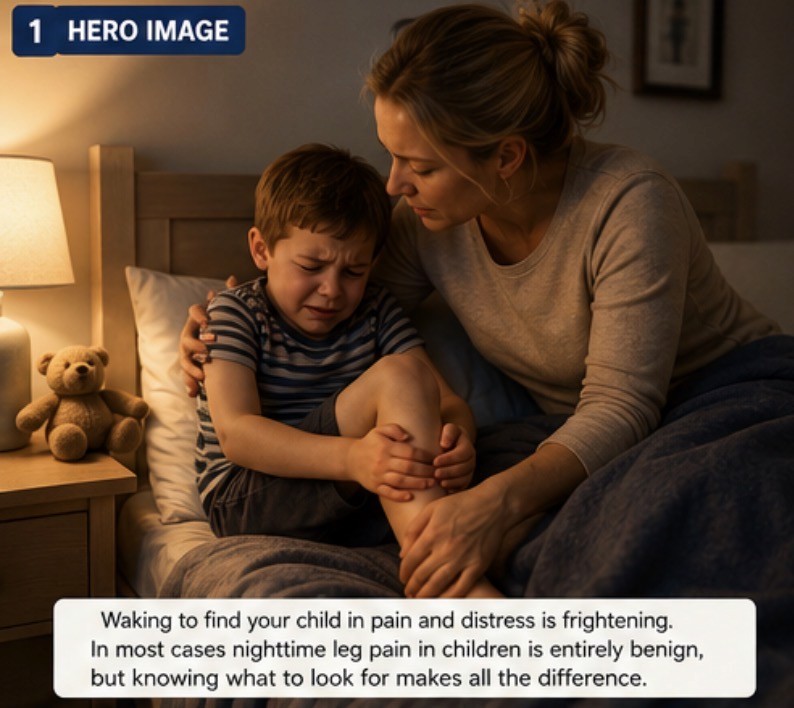 Parent comforting a child with leg pain at night