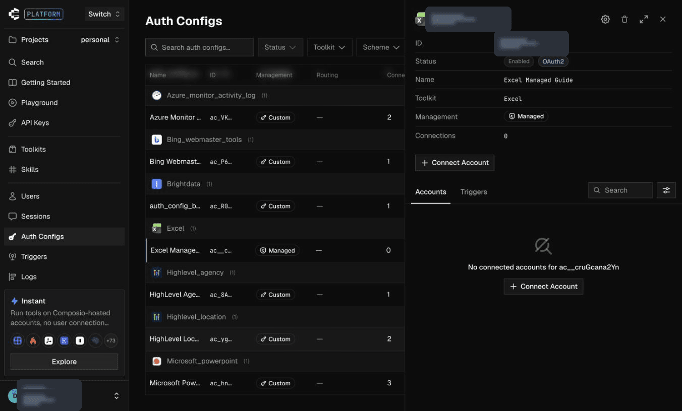 Connect Account on the Excel managed auth config