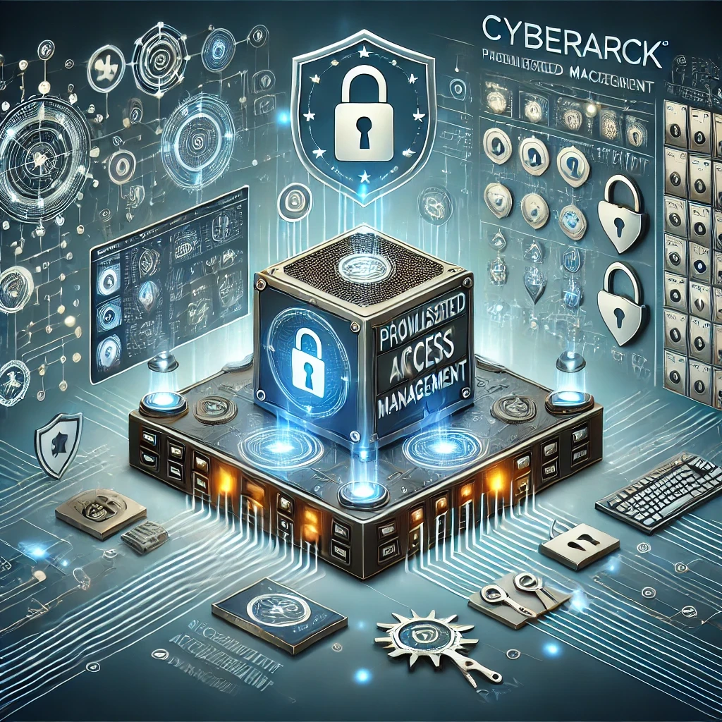 An image depicting CyberArk Privileged Access Management (PAM). This illustration features a digital vault with secure locks, symbols of protected credentials, and advanced cybersecurity tools, highlighting CyberArk's comprehensive approach to managing privileged access. The design showcases various elements like session management, secure storage, and threat detection, emphasizing the robust security framework provided by CyberArk's PAM solutions.