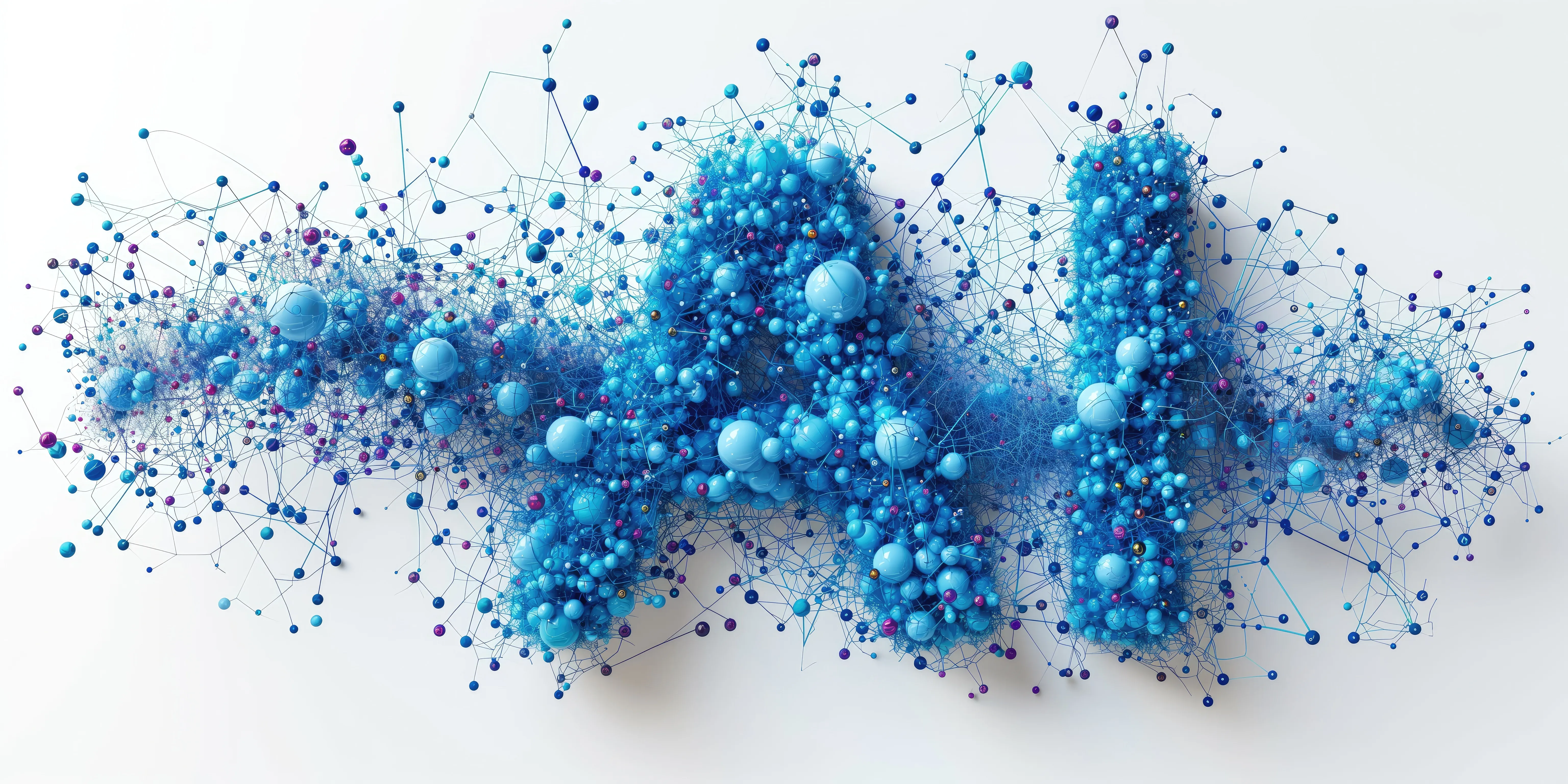 The letters AI formed from blue spheres and network-like connections, symbolizing artificial intelligence and data.