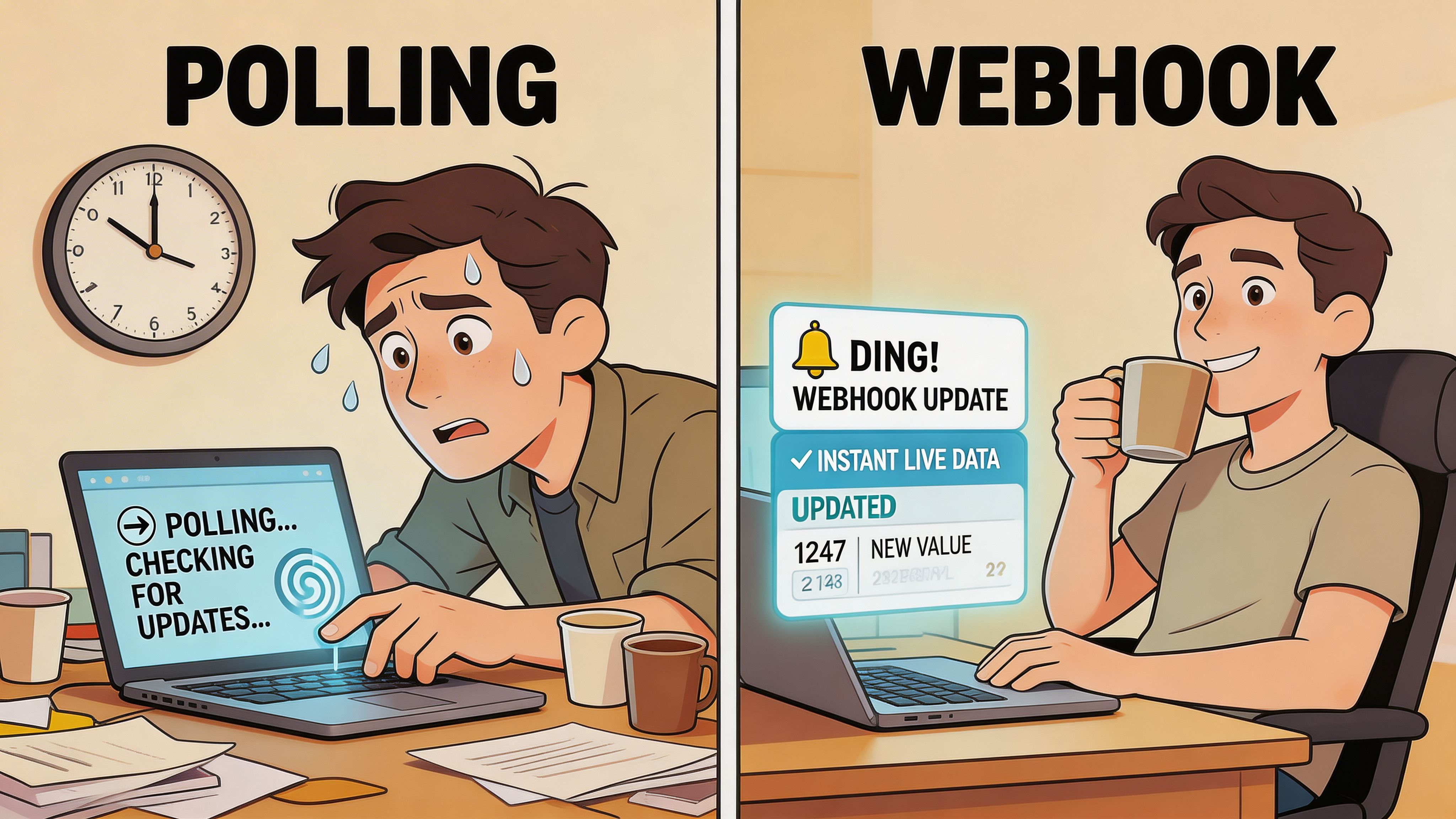 A split screen illustration comparing the constant effort of polling versus the efficiency of webhooks.