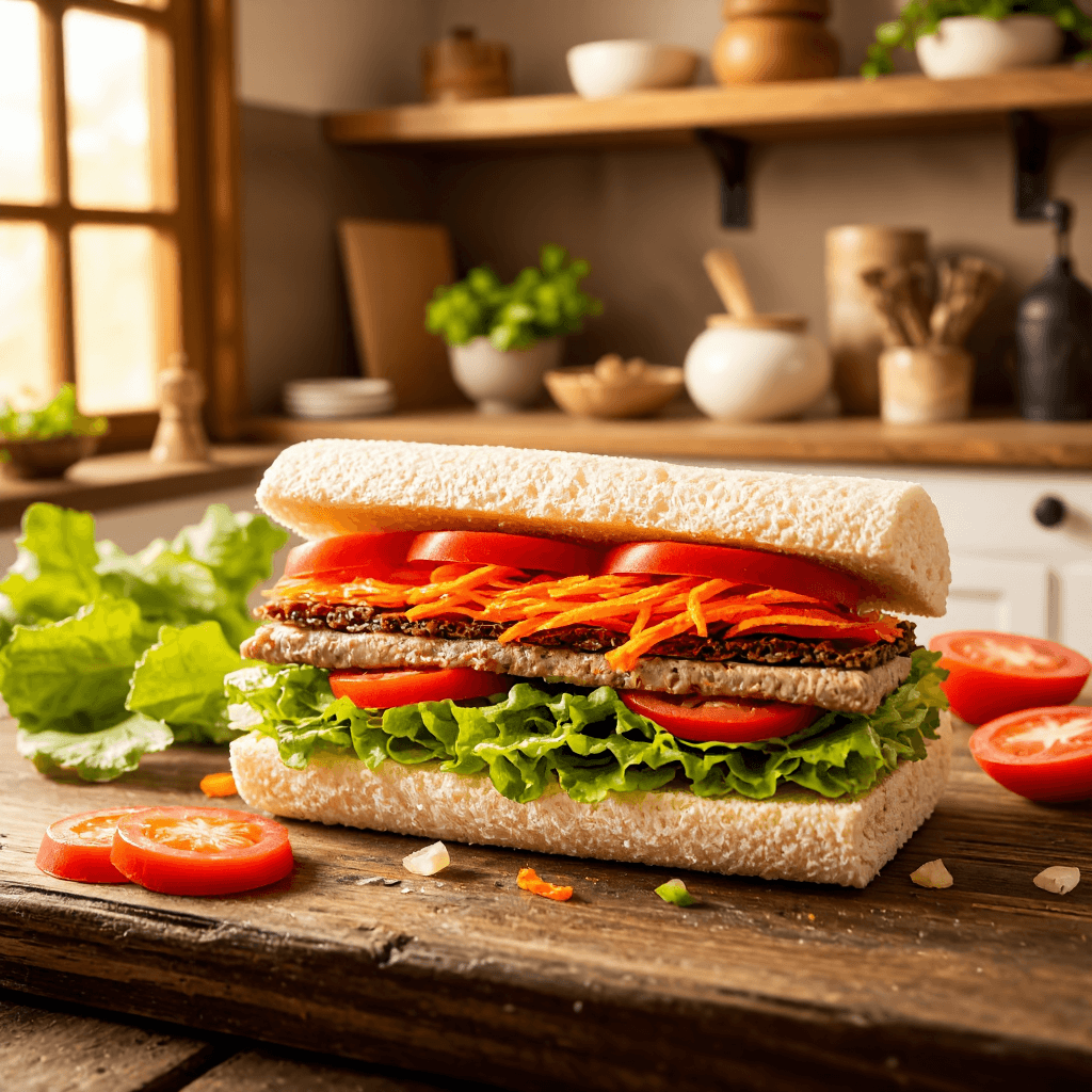 product photography of a cut sandwich with layers of vegetables and meat