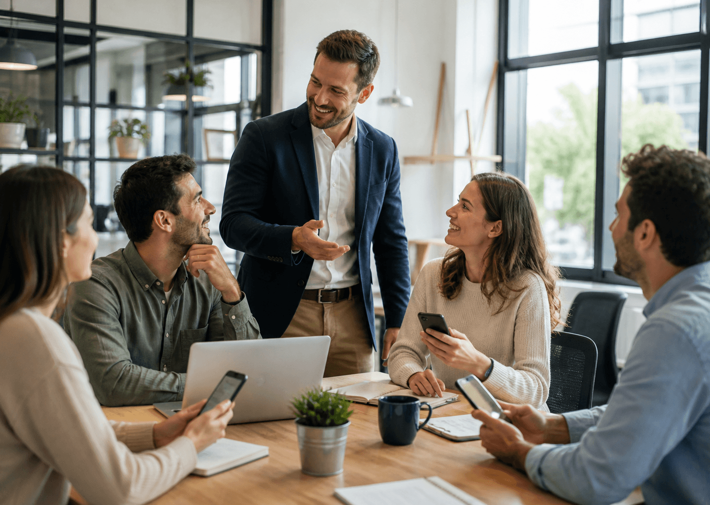 Un gruppo di colleghi in un ufficio moderno discute in modo collaborativo attorno a un tavolo. Un responsabile coordina la conversazione mentre i dipendenti utilizzano i propri dispositivi mobili per gestire le attività operative, rappresentando un processo di approvazione di ferie e permessi fluido, trasparente e digitalizzato.