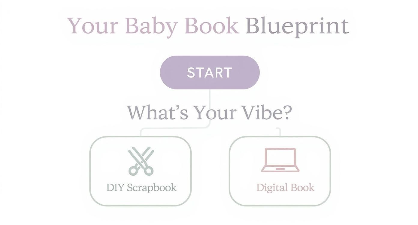 A flowchart titled 'Your Baby Book Blueprint' offers options: DIY Scrapbook or Digital Book.