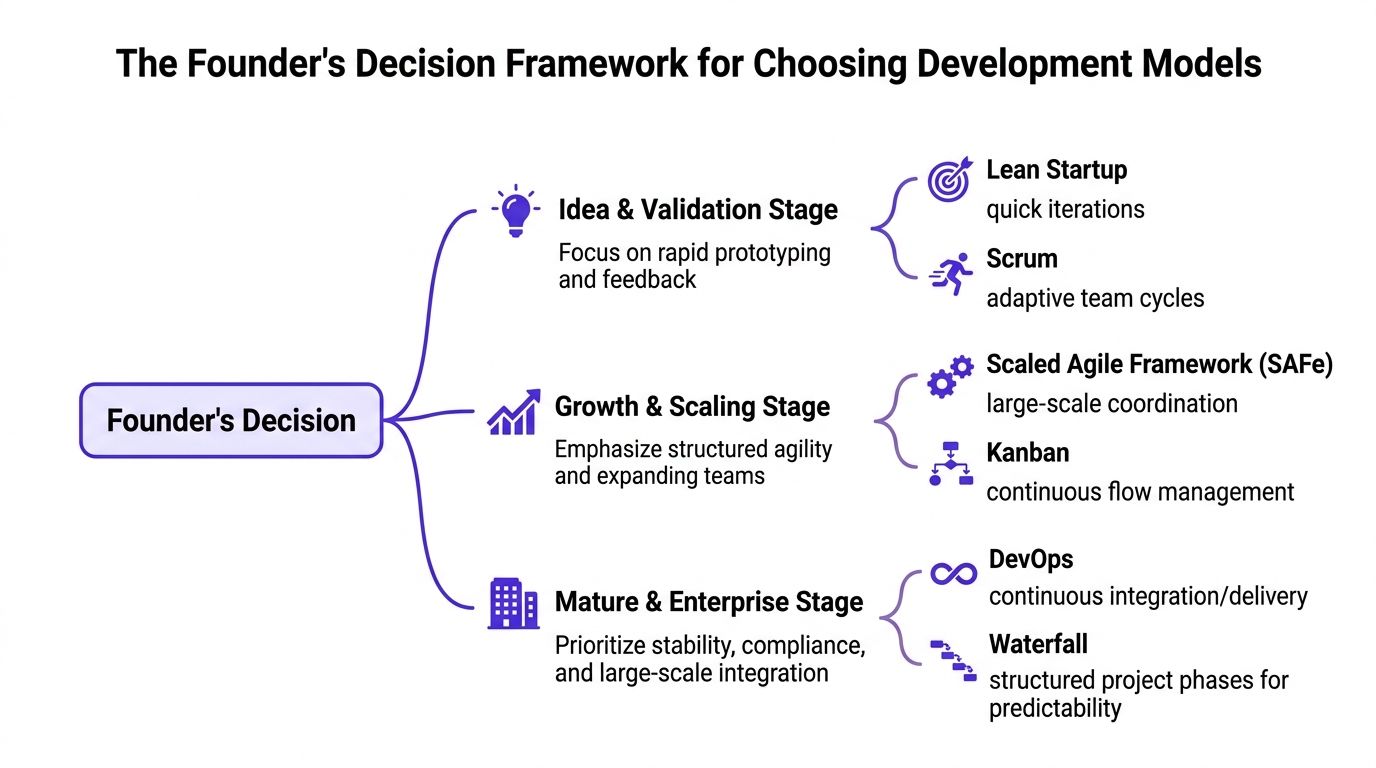 A decision framework diagram illustrating suitable software development models for startups, scaling companies, and mature enterprises.