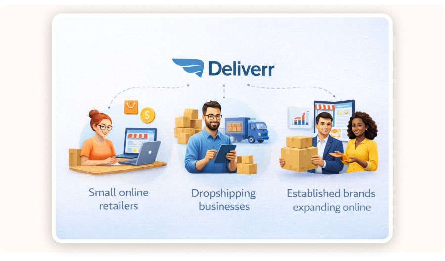 Illustration showing three e-commerce business types connected to Deliverr fulfillment services