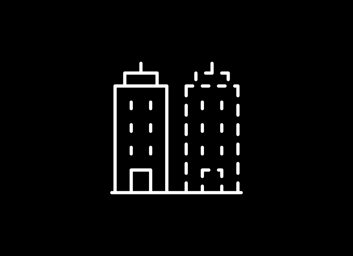 Line icon showing two office buildings side by side, one solid and one dashed, representing a physical asset and its digital twin