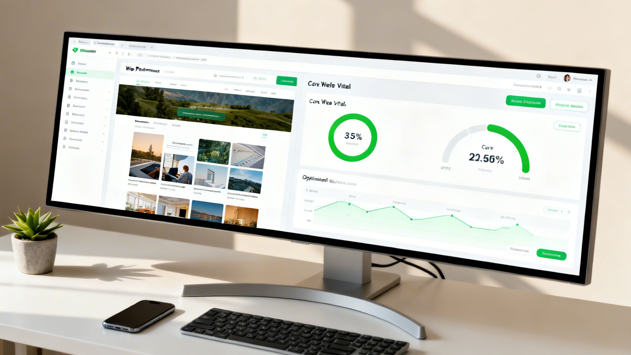 A modern computer monitor displaying a clean SaaS dashboard with various data visualizations and menus.