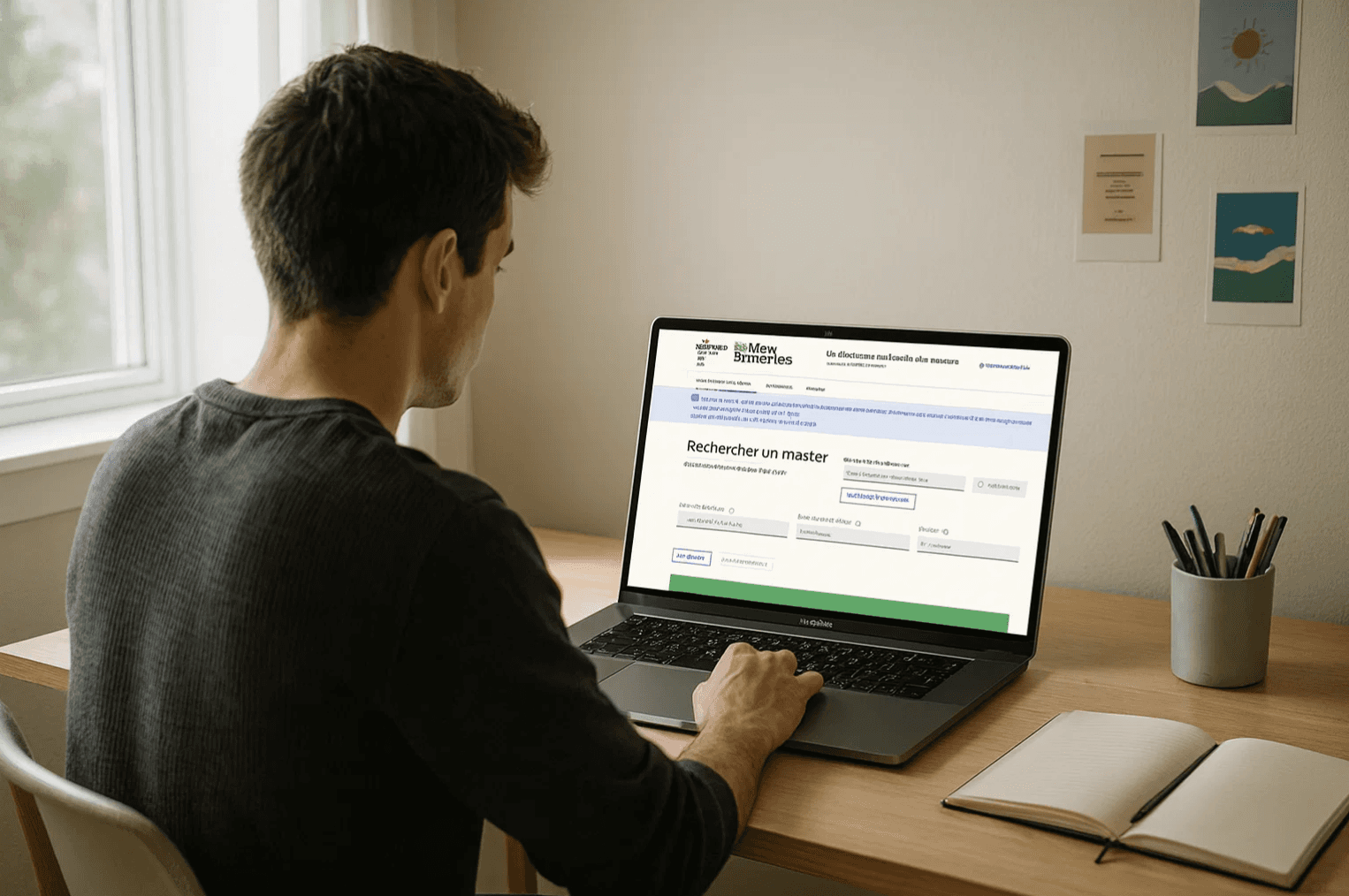 Étudiant vu de dos dans sa chambre, consultant le site Mon Master 2026 sur son ordinateur portable pour préparer sa candidature, assis à un bureau avec une ambiance studieuse et lumineu
