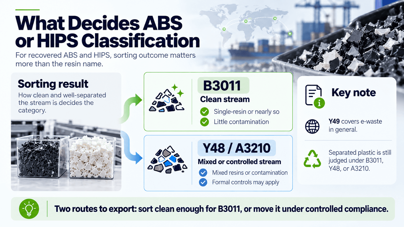Sorting outcome determines B3011 clean stream vs. Y48/A3210 mixed or controlled stream classification for recycled ABS and HIPS