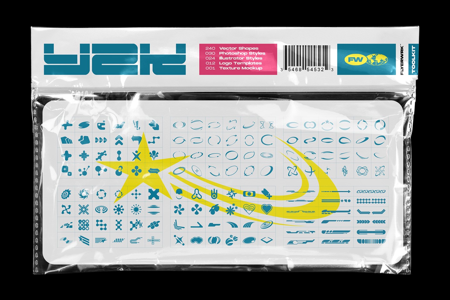 Y2K Toolkit vector shapes pack preview inside retro plastic packaging design
