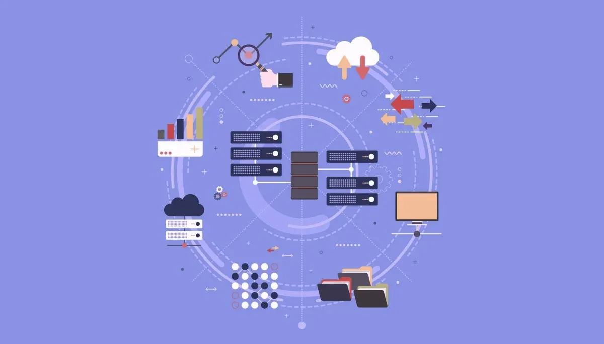 Conceptual illustration of servers, charts, folders, and cloud icons connected by colorful arrows.