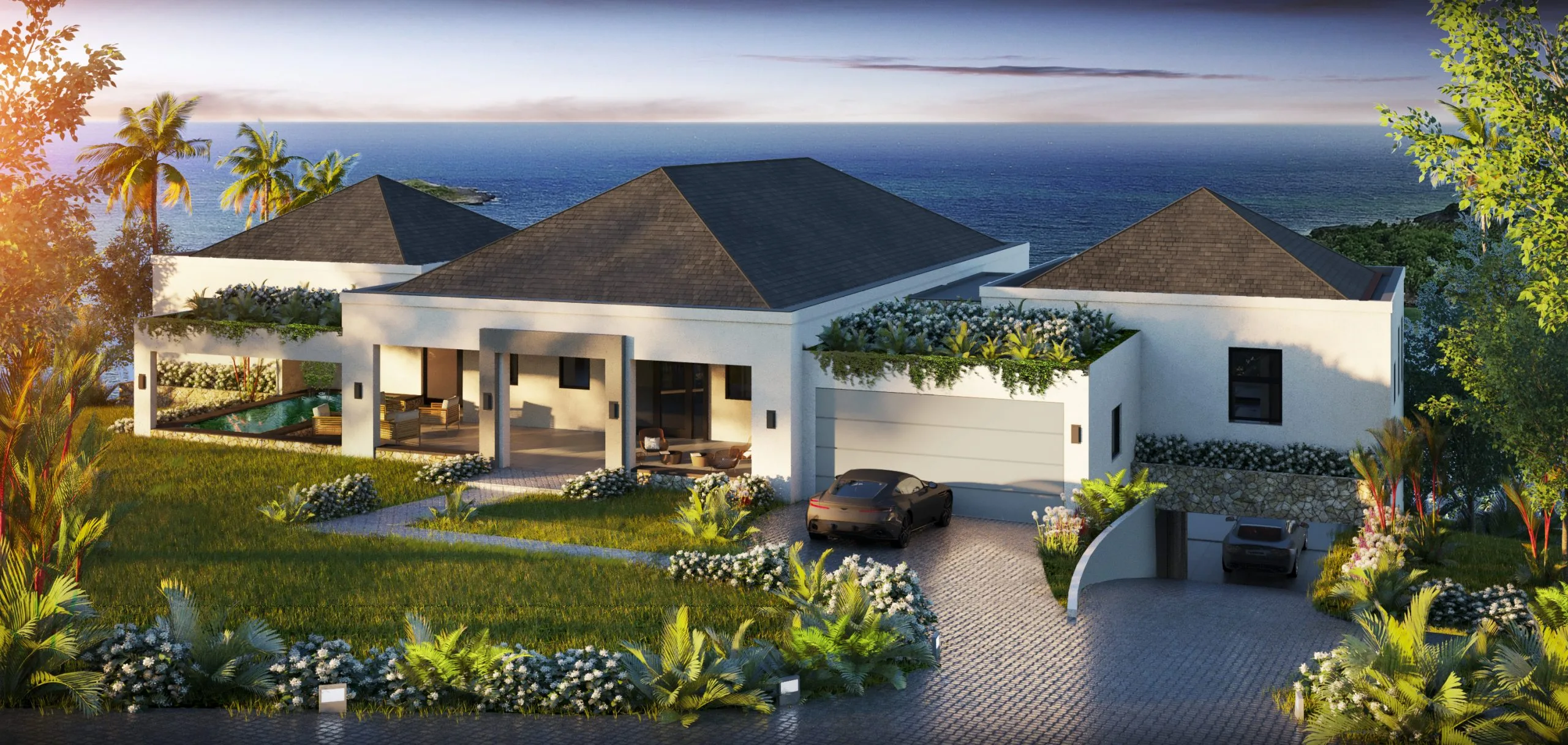 3D rendering of luxury oceanfront villa with covered outdoor living and infinity pool in St. Lucia by Atelier International LLC