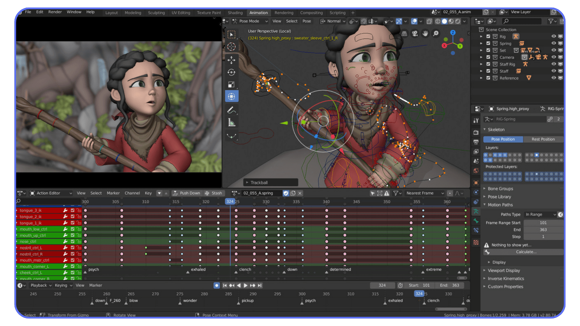 Blender interface showing character animation with rigging controls and keyframes