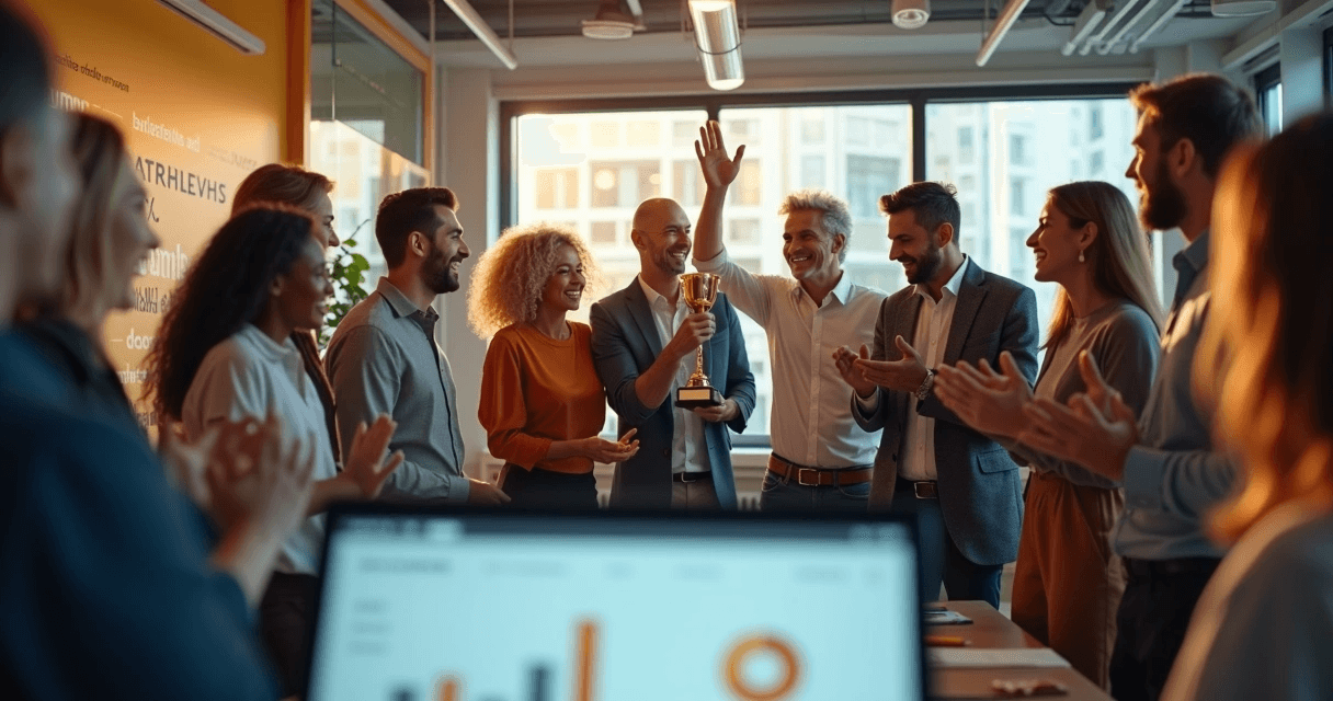 Equipe comemorando juntos com sorrisos e gestos de vitória