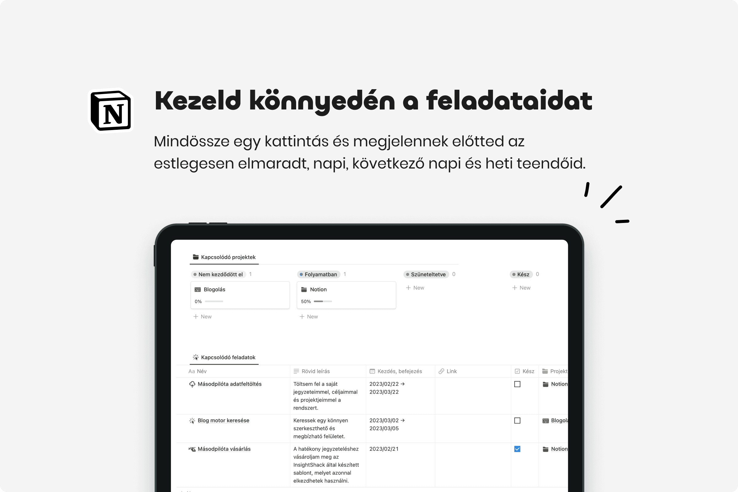 Notion Másodpilóta, produktivitást segítő sablon.