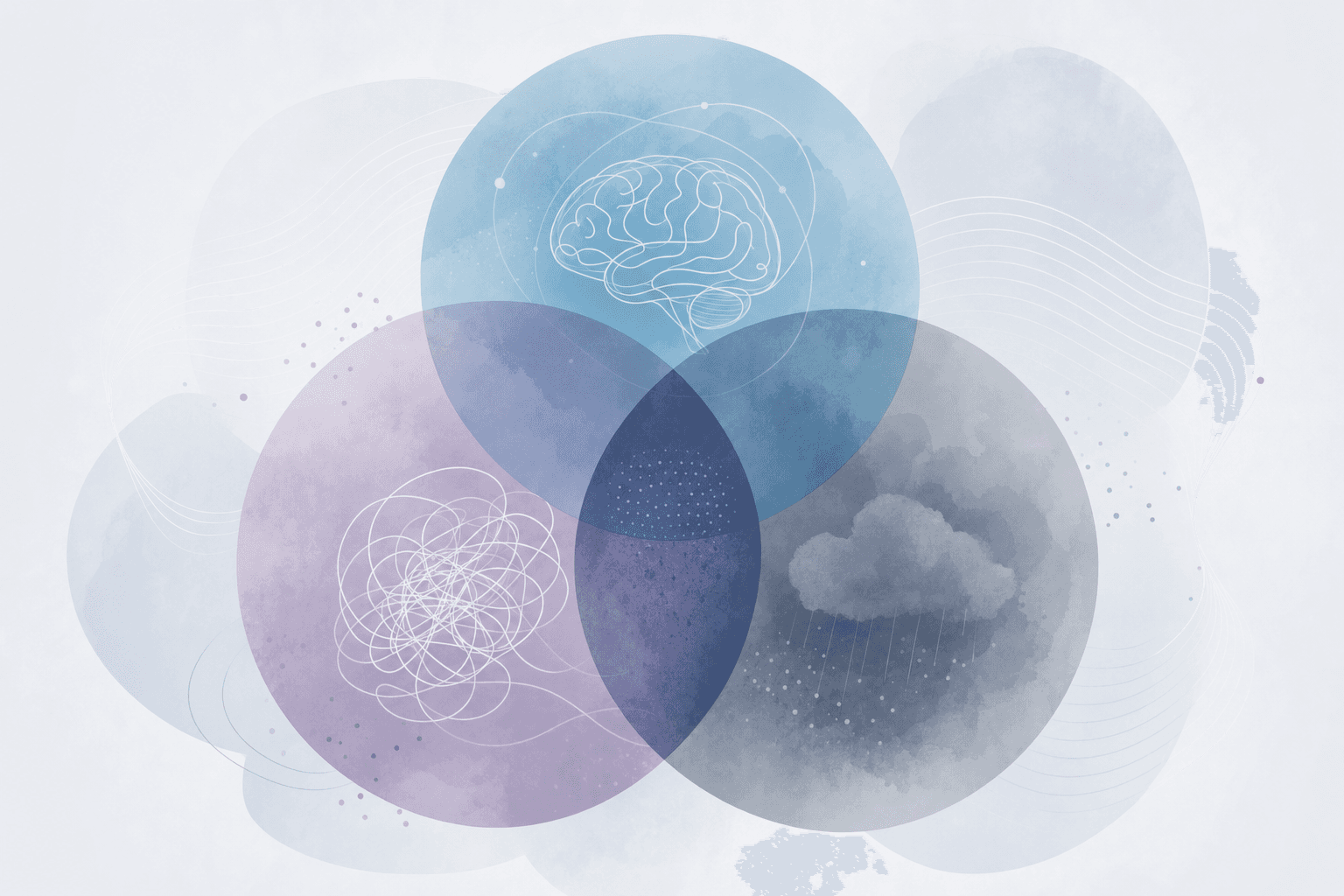 Abstract visualization of overlapping mental health conditions showing interconnected circles or venn diagram-like shapes representing ADHD, anxiety, and depression. Soft, muted medical colors like blues, grays, and subtle purples. Clean, modern, professional healthcare illustration style. Translucent overlapping forms suggesting comorbidity and shared symptoms. Calm, clinical aesthetic. No people, no text, no words.