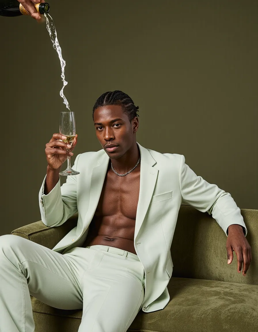 Man in sage green suit holding wine glass as champagne pours in, luxury editorial photography style on olive background