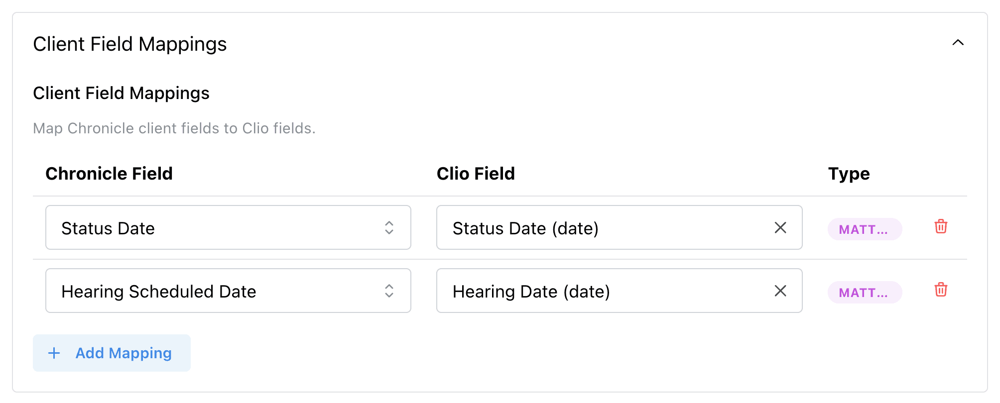 Client field mappings from Chronicle to Clio