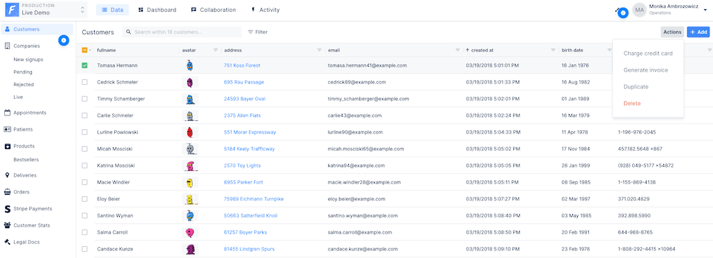 A Forest Admin collection view with the action dropdown opened.