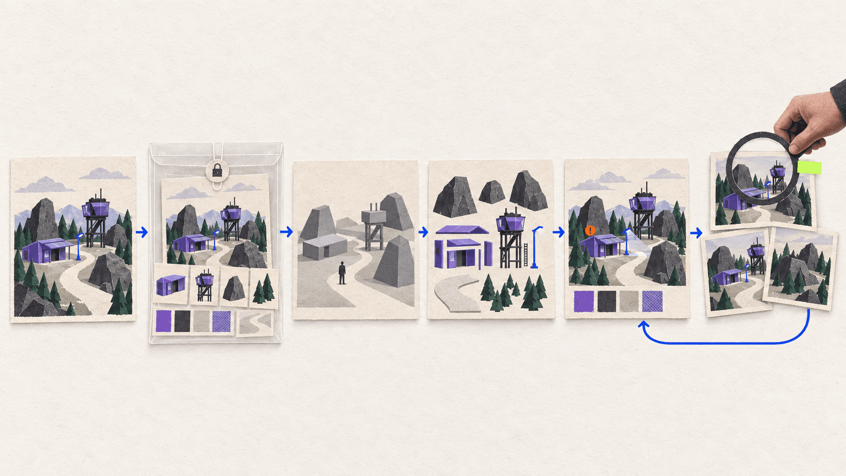 A six-stage workflow moves a forest-outpost concept through protected inspection, grayboxing, modular construction, visual dressing, and artist review.