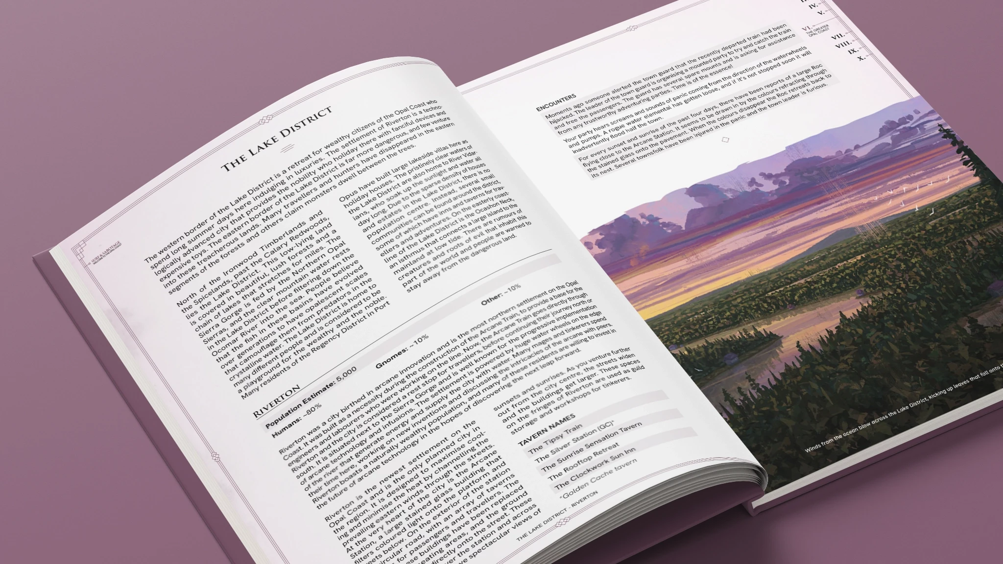 Book open to a spread featuring artwork of a lake.