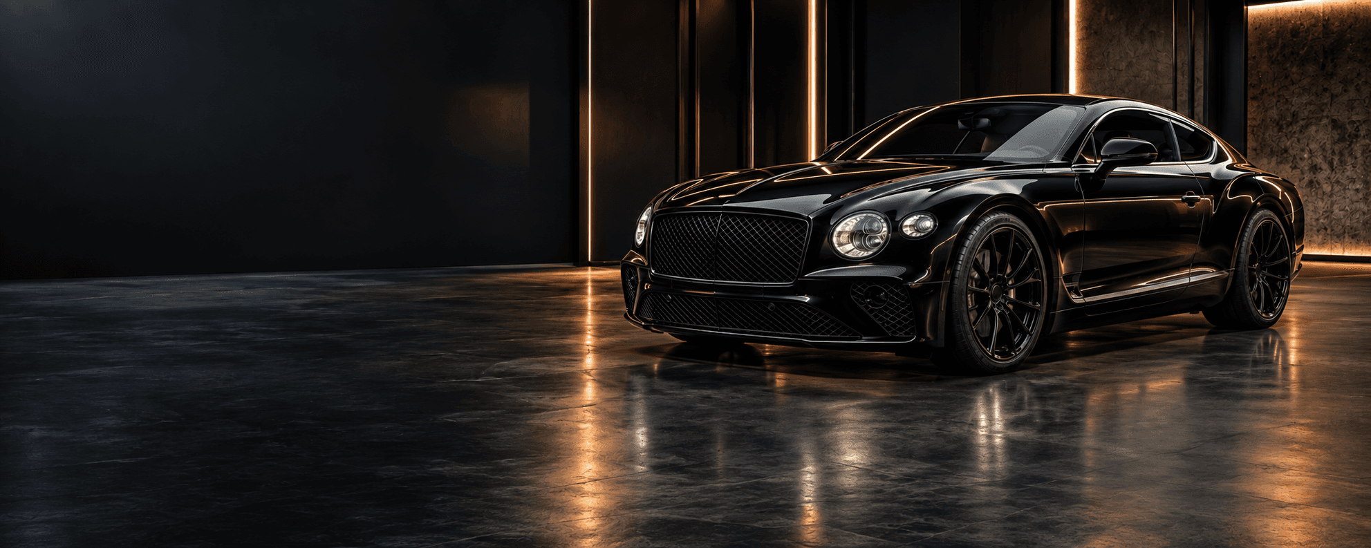 Black luxury coupe in a dark studio with copper light strips