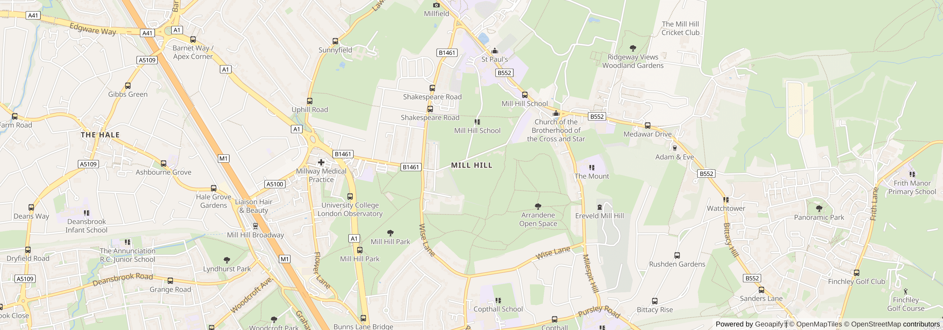 Street map of Mill Hill, Barnet, London showing local roads and surrounding areas