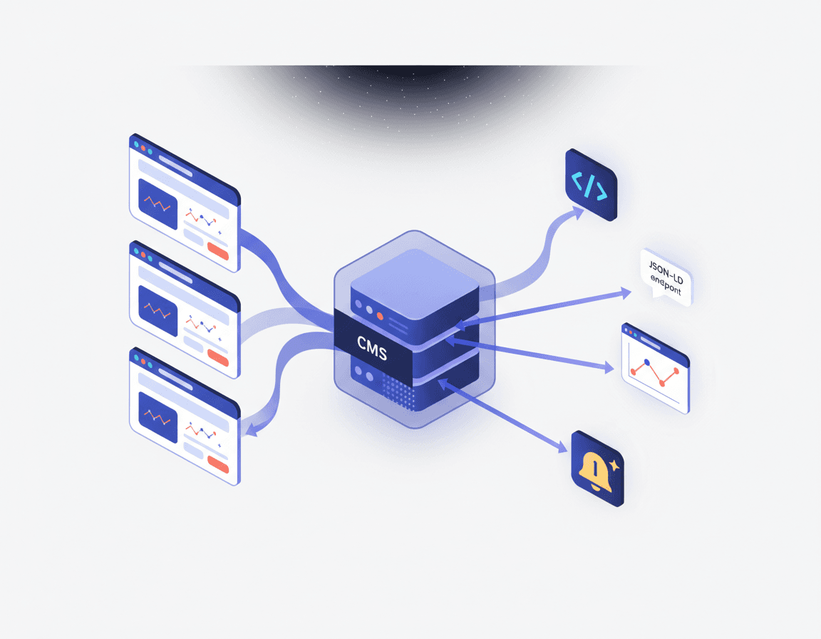 Flow diagram of several domains merging into a GEO-native CMS that outputs endpoints, dashboards, and alerts