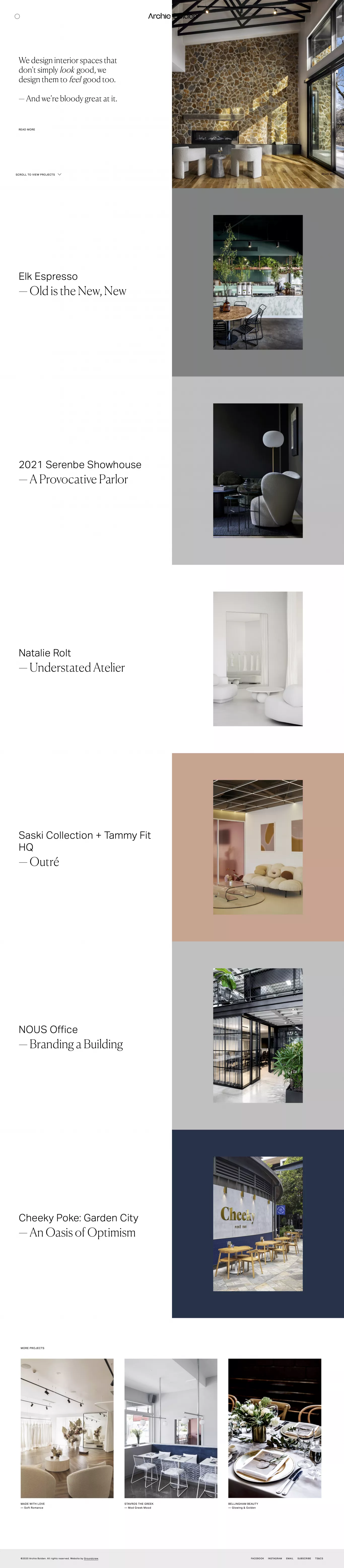 Archie Bolden portfolio page screenshot showcasing Architecture and Furniture & Interiors design