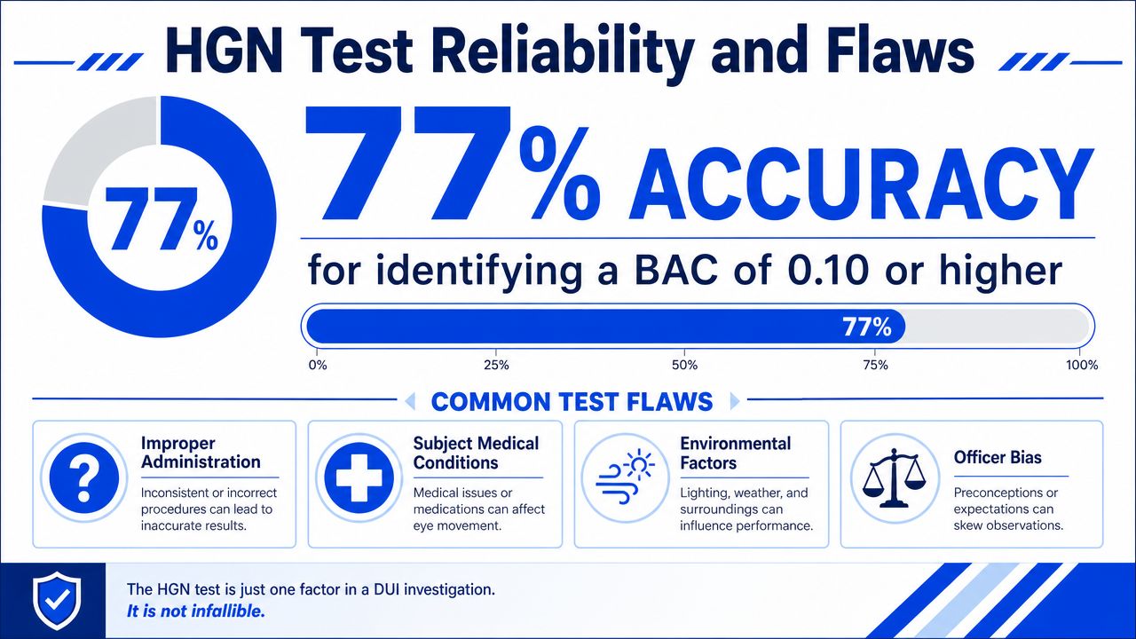 An infographic detailing the 77% accuracy rate of the HGN test for identifying DUI and its common flaws.