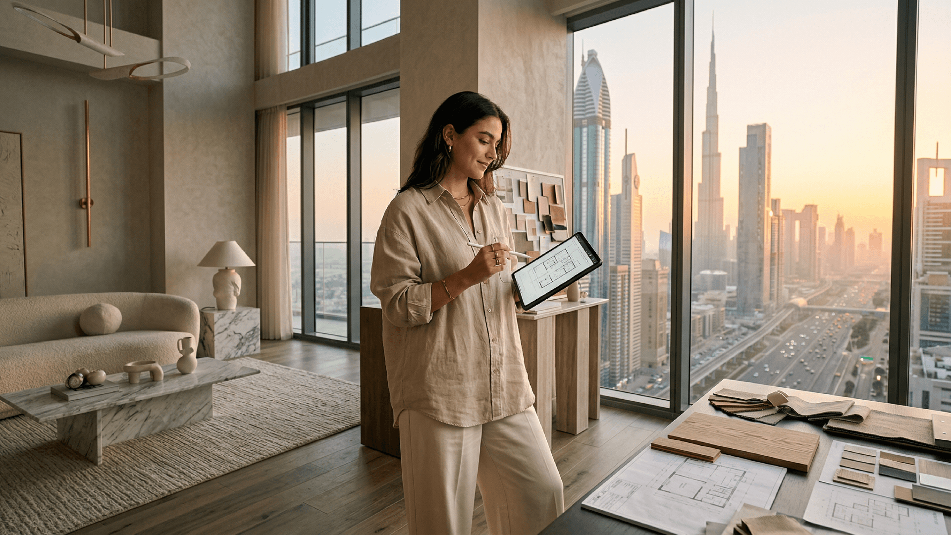 Interior designer reviewing architectural plans and material samples in a Dubai design studio