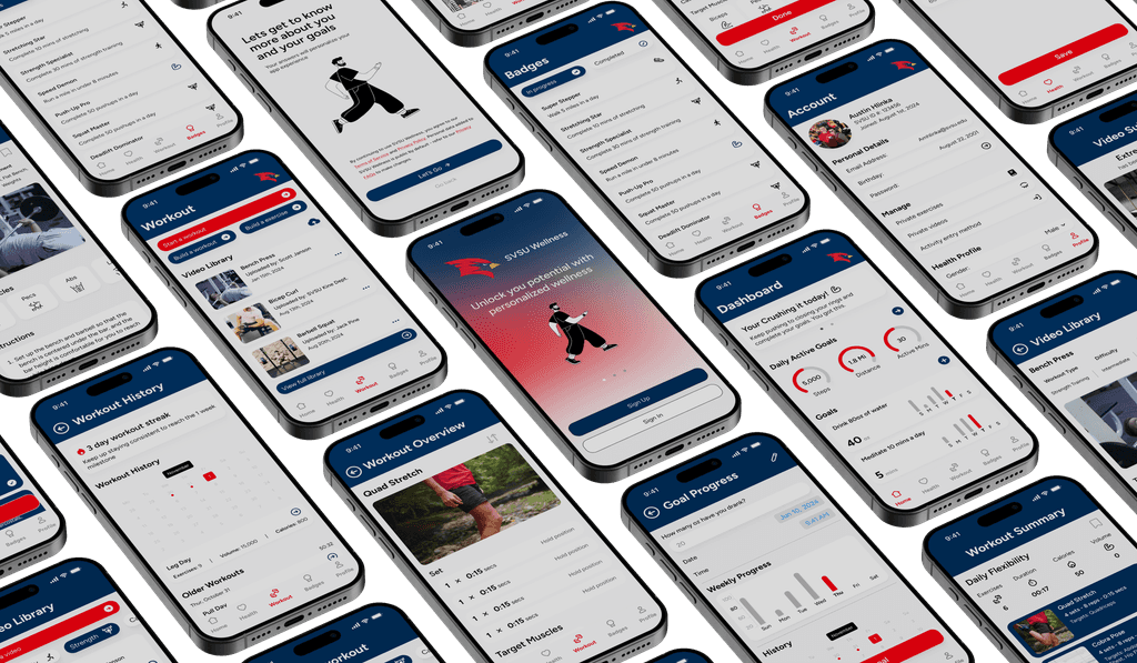 An array of phones layed out. Each showing a different screen of the app.